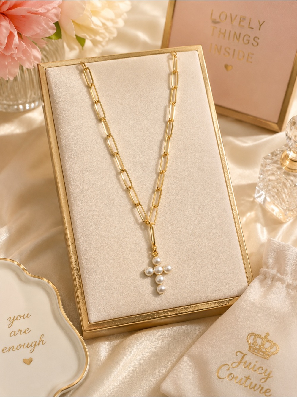Gold Chain Necklace with Pearl Cross Pendant